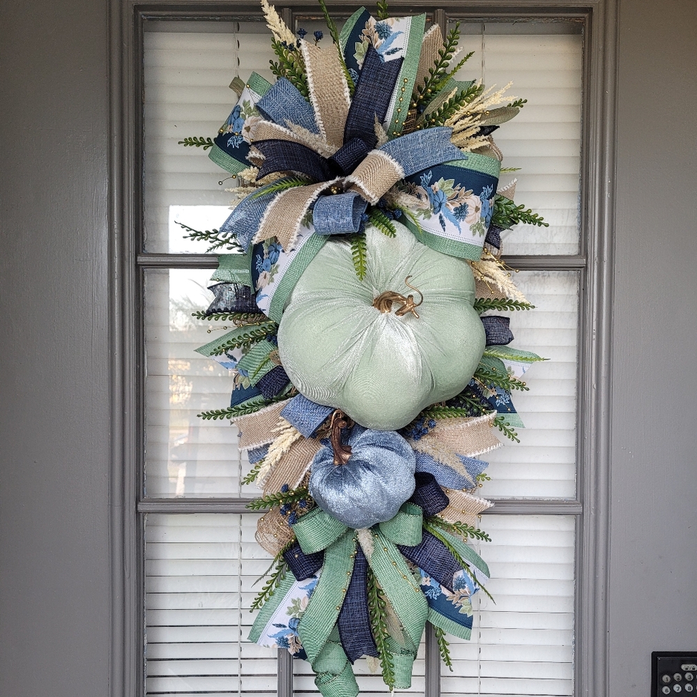 Elegant Fall Swag Wreath with Pumpkins, Blue & Sage Green Autumn Door Decor